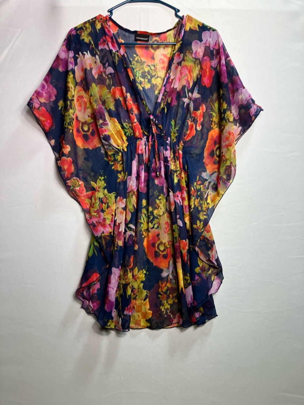 Floral V-Neck Sheer Tunic in Navy with Multicolor Blooms